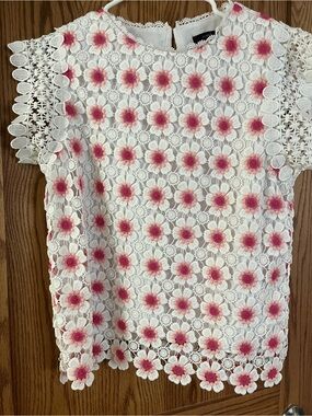 J Crew White Lace Floral Crochet Top with Pink Accents